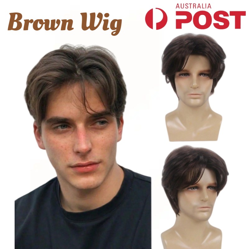 Men Brown Wig Fashion Short Beanie Hairpiece Male Universal Cosplay Glueless Wig
