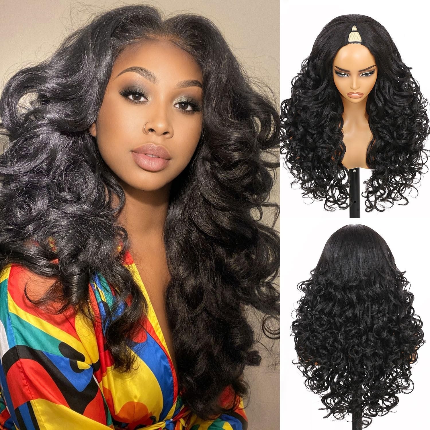 Synthetic V Part Wig Long Curly Black Yaki Half Wigs 26 Inch Curly Natural Black