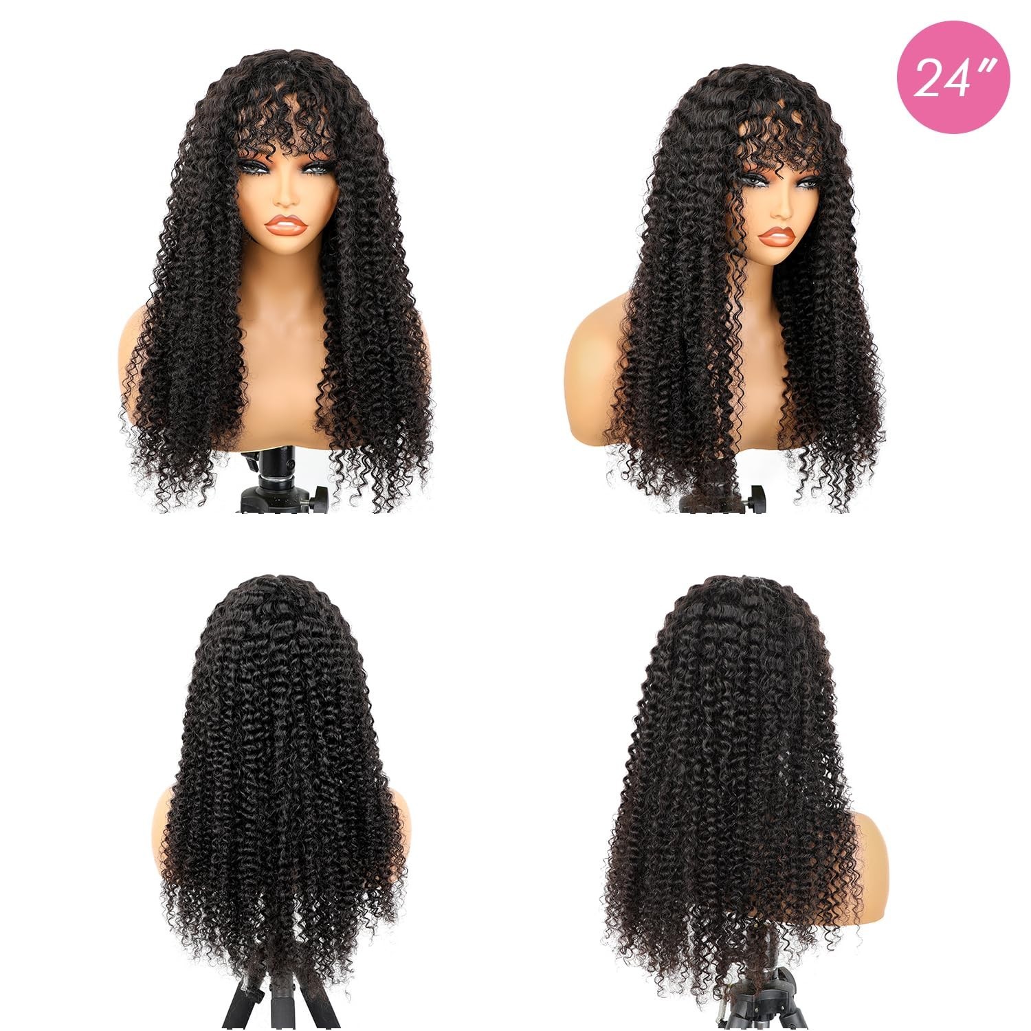 Brazilian Kinky Curly Virgin Human Hair Machine Made Women Hair Wig With Bangs