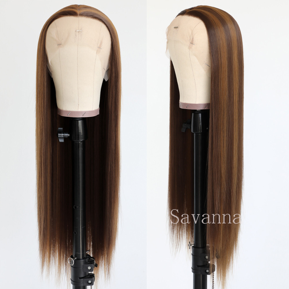 Natural Hair Wig Straight Heat Resistant Synthetic Lace Front Wigs Mixed Color