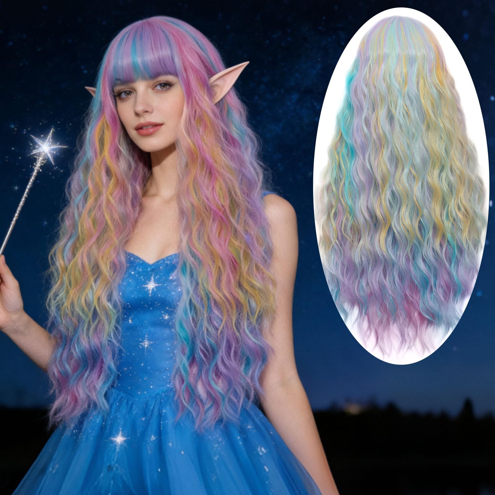 Women’s Multi Color Rainbow Wig 27”Long Curly Wavy Wig Flat Bangs Wig For Wo…