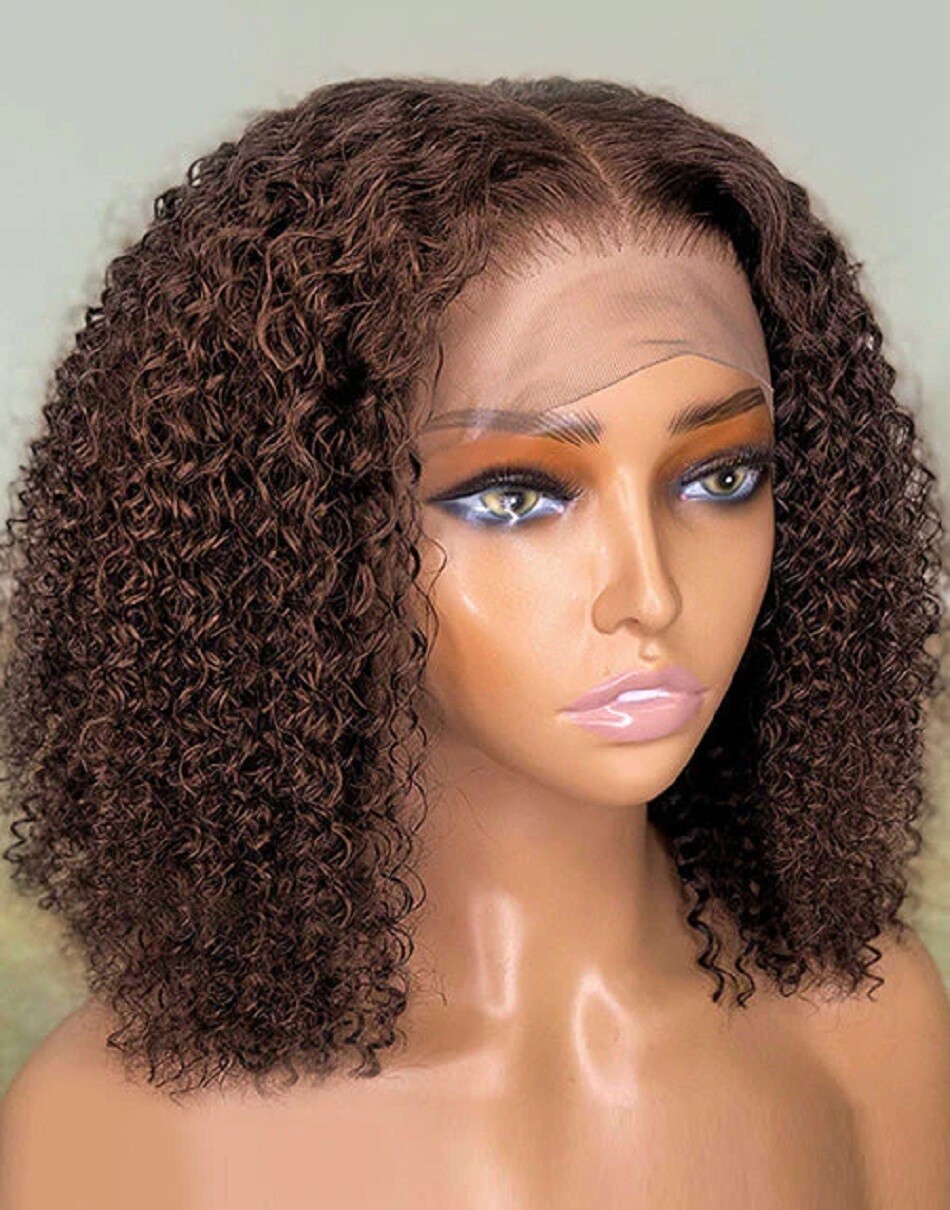 Chocolate Brown Curly 13X4 Lace Front Human Hair Wigs 4X4 Lace Closure Bob Wig