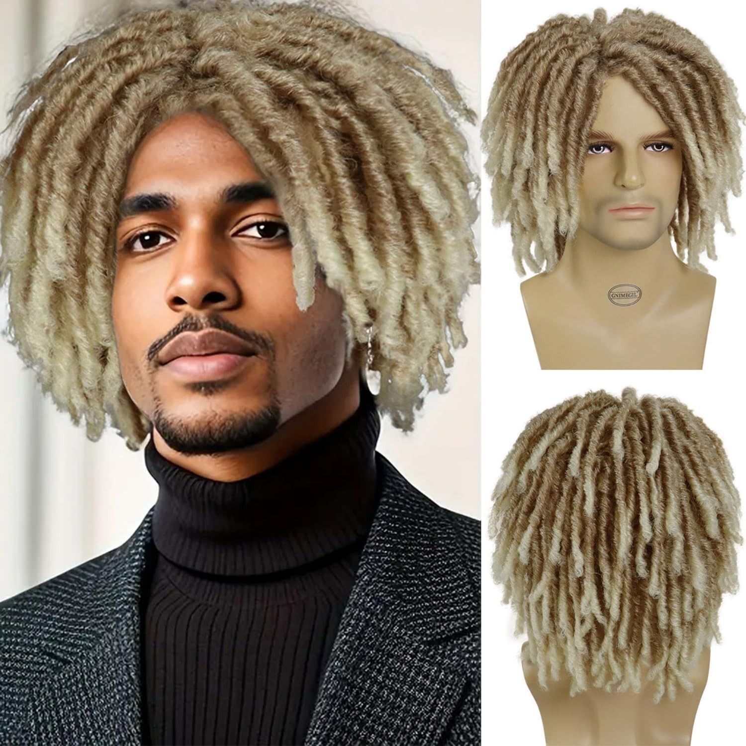 GNIMEGIL Synthetic Rasta Hair Mens Dreadlock Wigs Medium Length Ombre Blonde