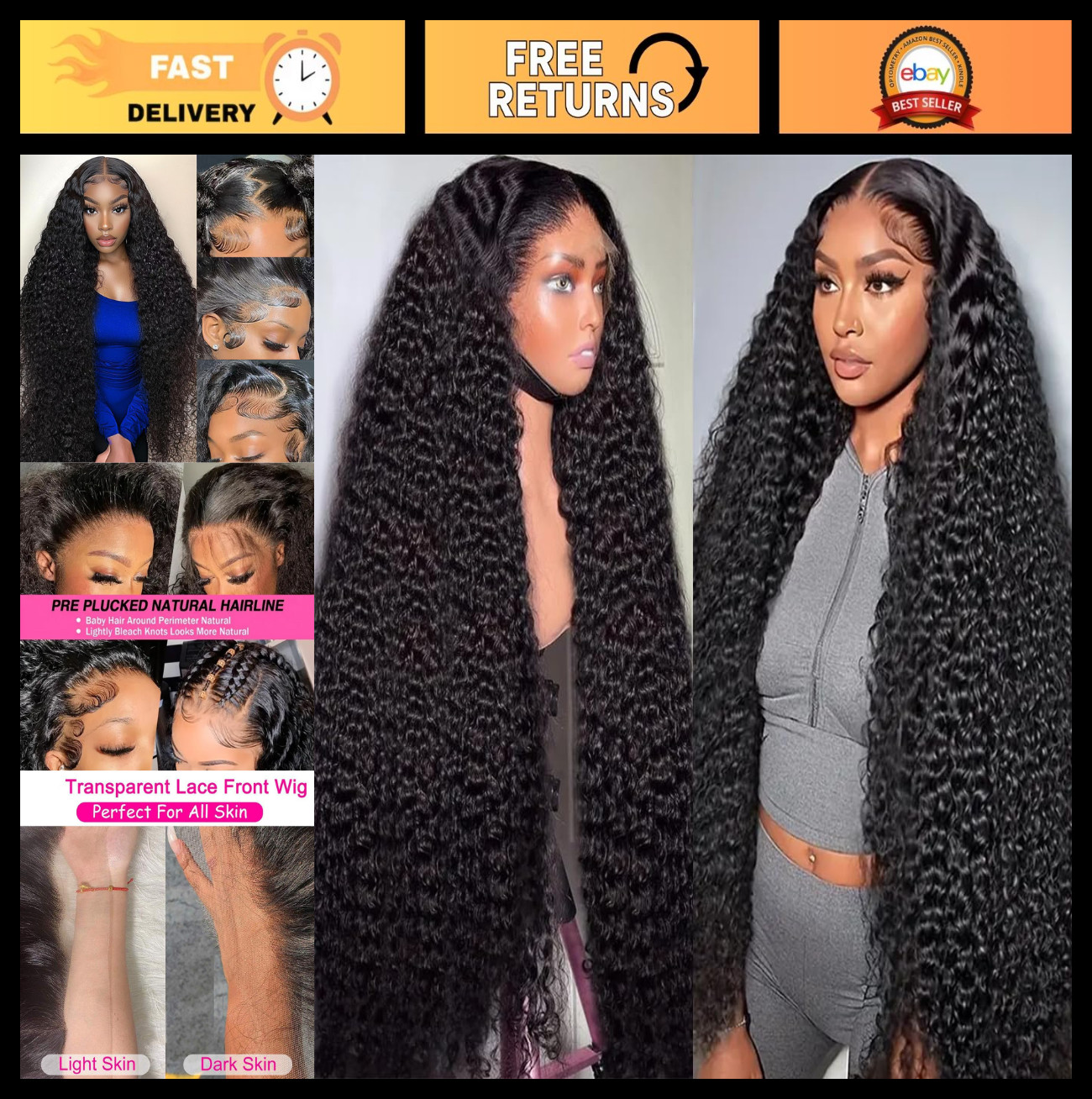 32″ 13×6 Deep Wave Lace Front Wig – 200% Density HD Human Hair, Pre-Plucked, Glu