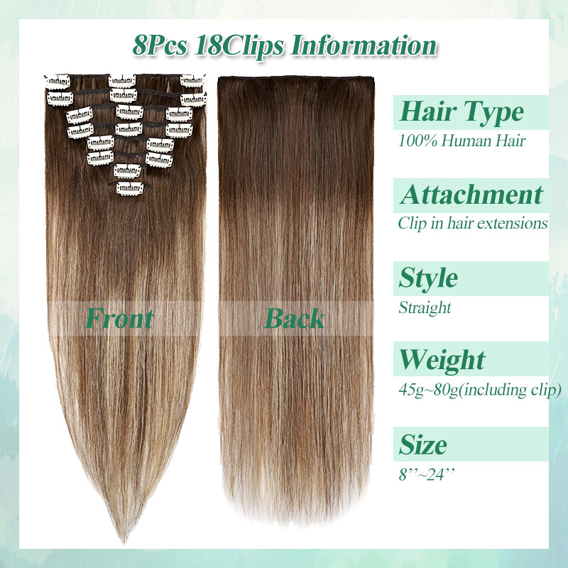 Clip In Hair Extensions Real Remy Human Hair Brown 18” 20″ 24” 8pcs Full Head
