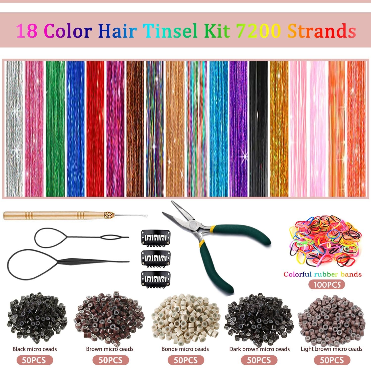 Complete Hair Tinsel Kit – 48 Inch, 9000 Strands, Colorful Hair Accessories