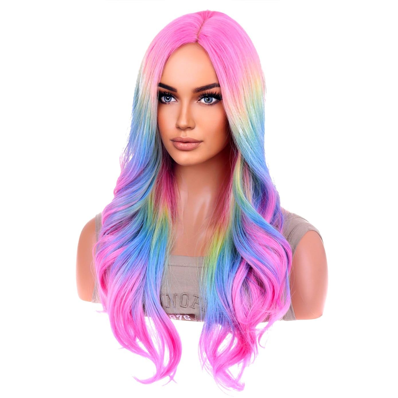 BERON Rainbow Ombre Wigs Long Wavy Wig for Women Colorful 22.5 Inch,