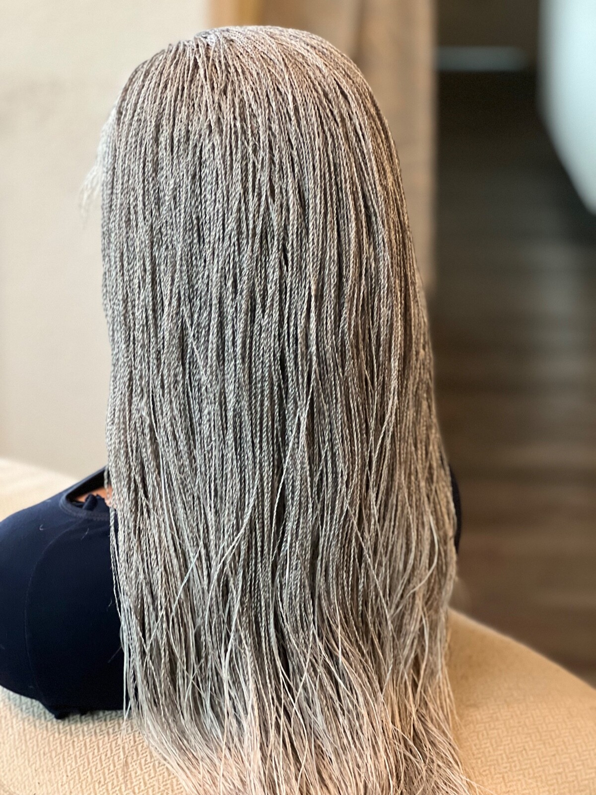 BRAIDED MICRO TWIST WIG . Made on a full lace wig.length is 24”long.gray wig
