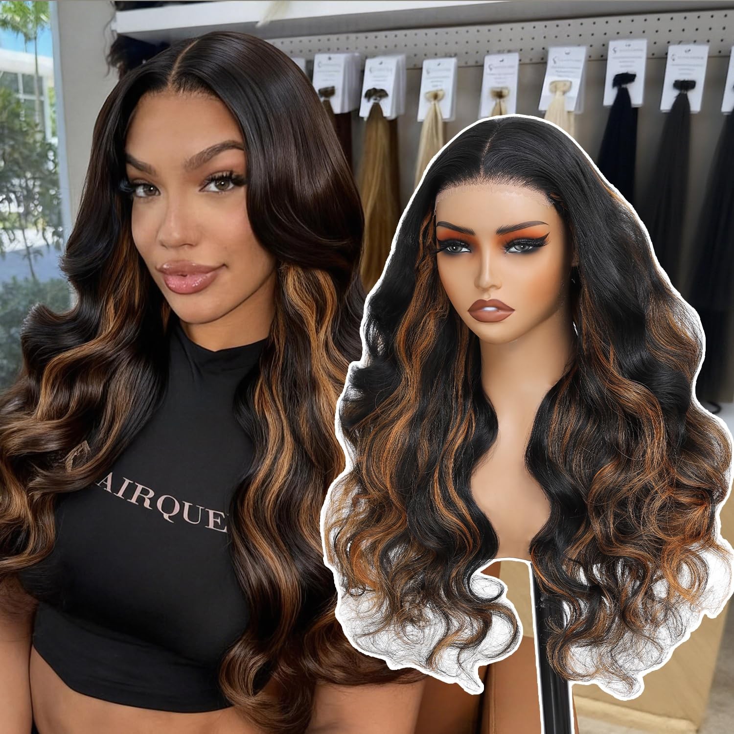 Walsdi Ginger Highlights Black Roots Body Wave Wig 28 Inch Glueless 5X5 Hd Lace
