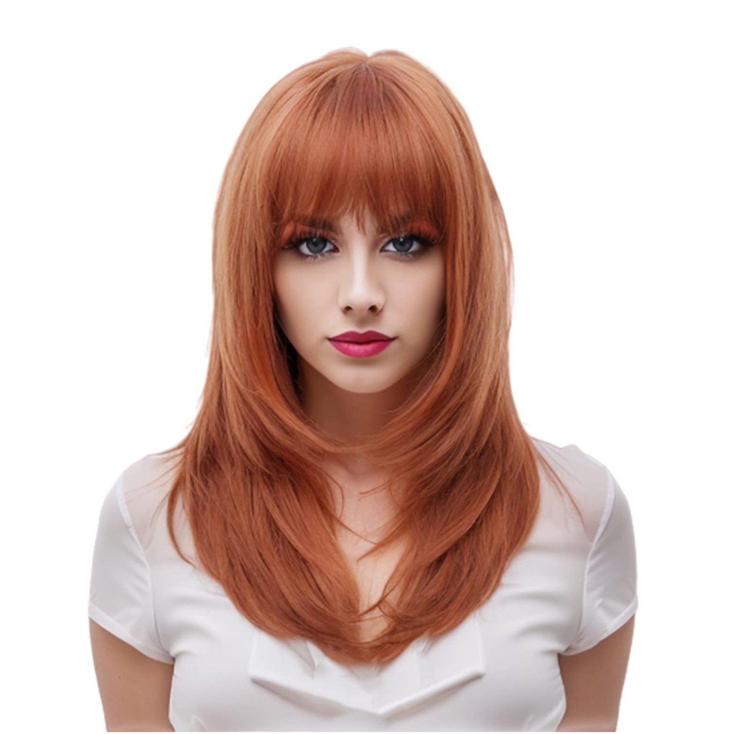 Stylish Long Curly Auburn Wig with Adjustable Bangs – Perfect for Any Occasion