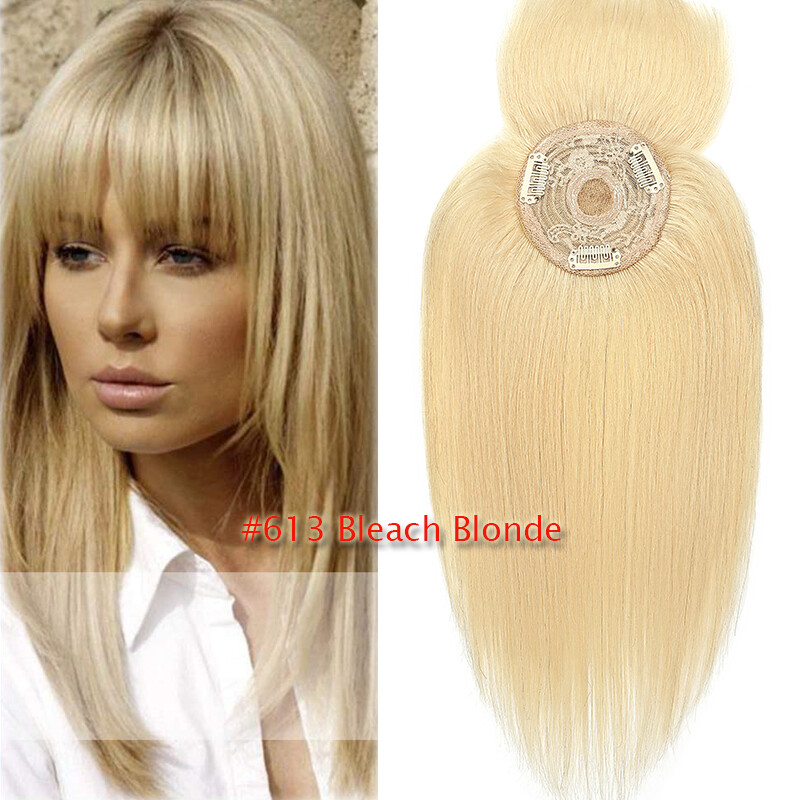 Silk Base 100%Remy Human Hair Topper Top Piece Extensions Women Toupee Clip BANG