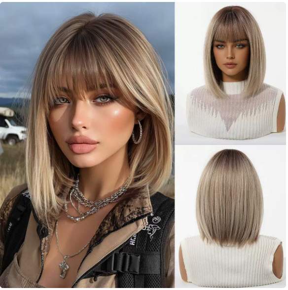 Short Bob Hairstyle Rooted Blonde Mix Synthetic Fiber Heat Ok Wig Women Soft