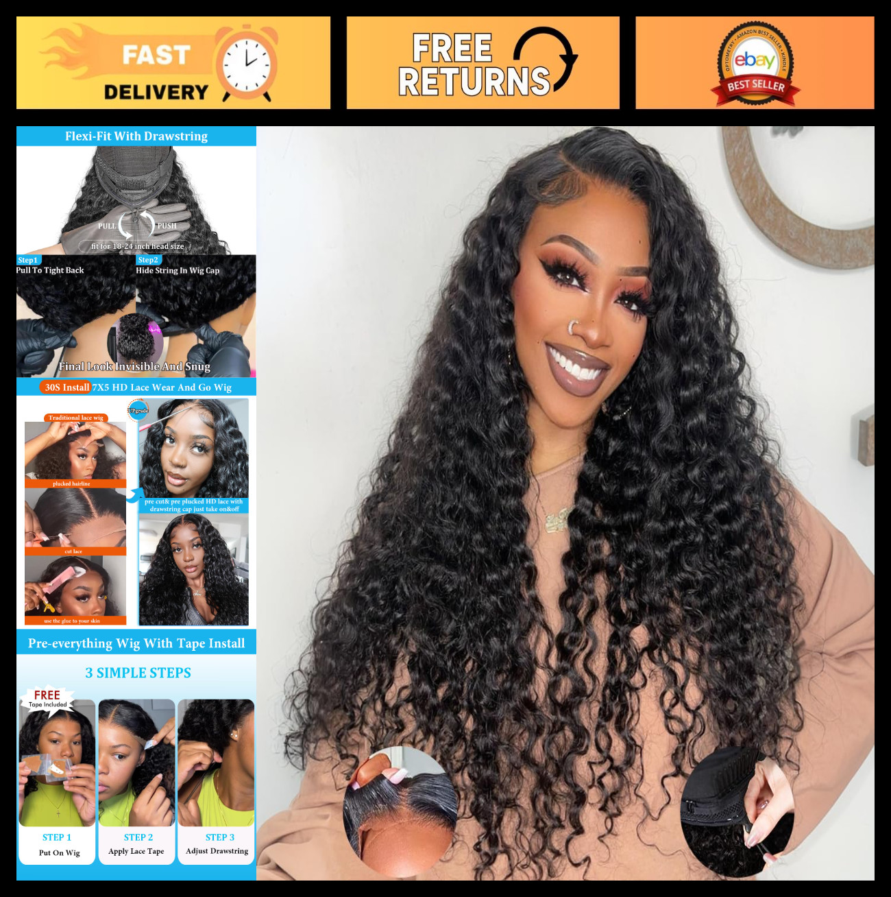 26 Inch Deep Wave Glueless Lace Front Wig – Pre Plucked, HD Lace, 210 Density, C