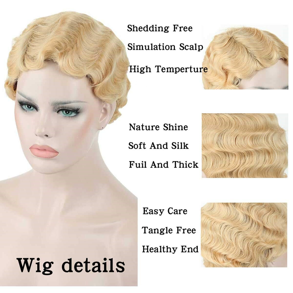 613 Light Blond Short Finger Wave Pixie Cut Wigs 100% Human Hair Wigs Party Wigs