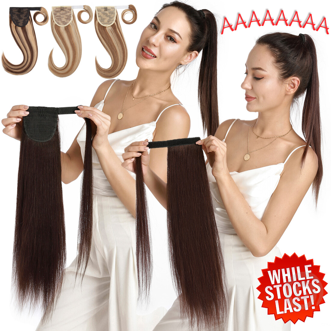 8A Invisible Wrap Around Ponytail Clip In Remy 100% Human Hair Extensions Curly