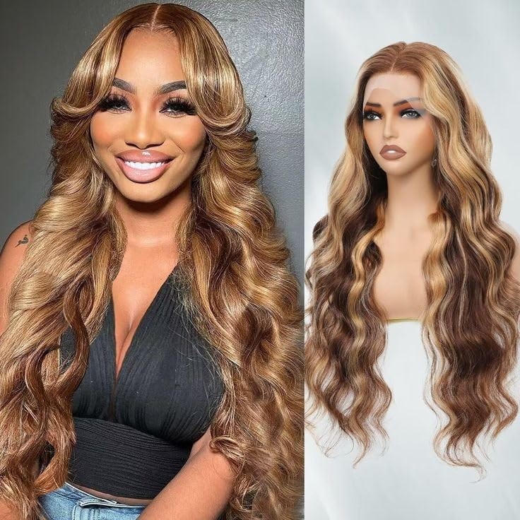 Highlight Lace Front Wig Human Hair 28 Inch Body Wave 13×6 Honey Blonde Human…