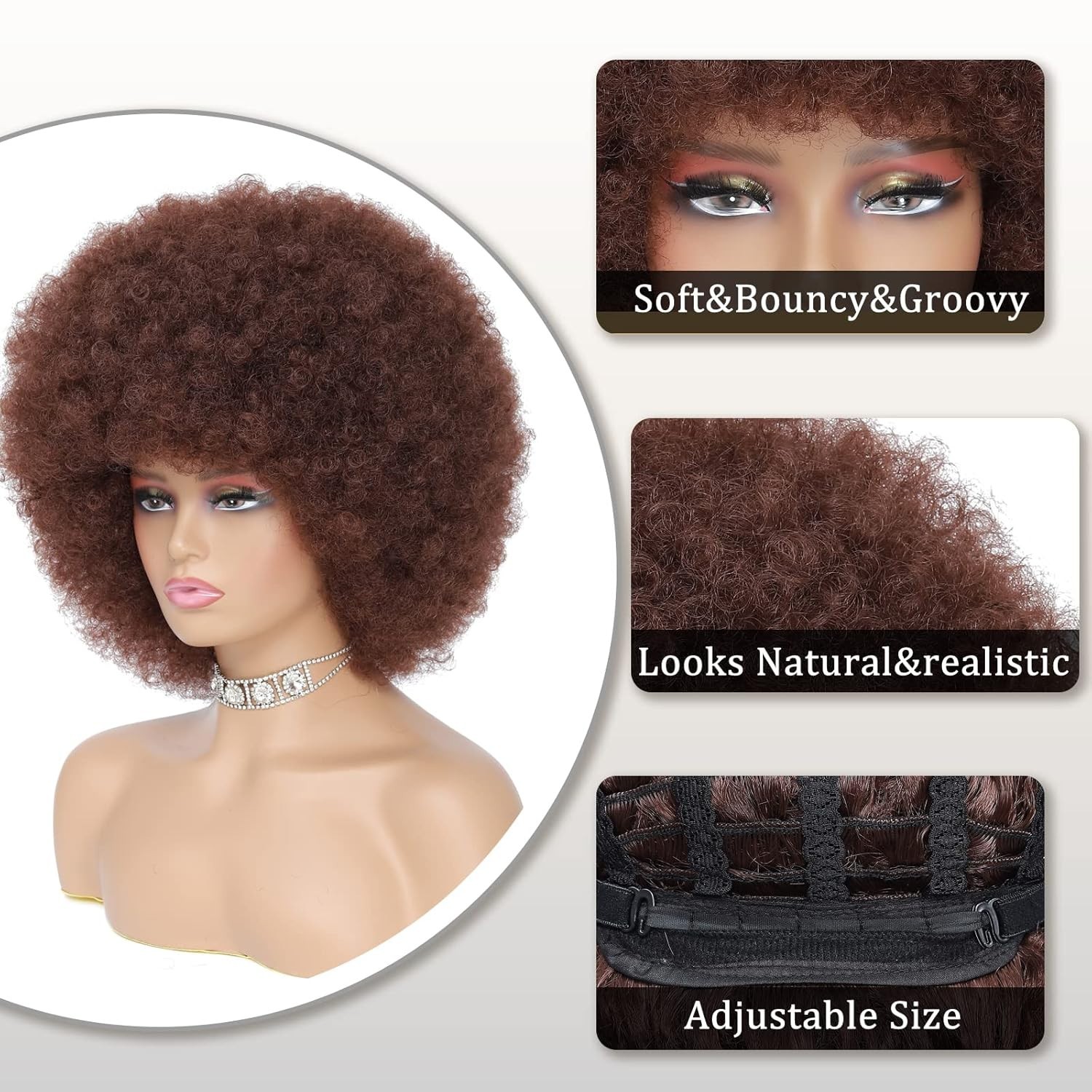 70s Afro Kinky Curly Wig For Women, Brown, Synthetic Fibers, Soft, Bouncy, Natur