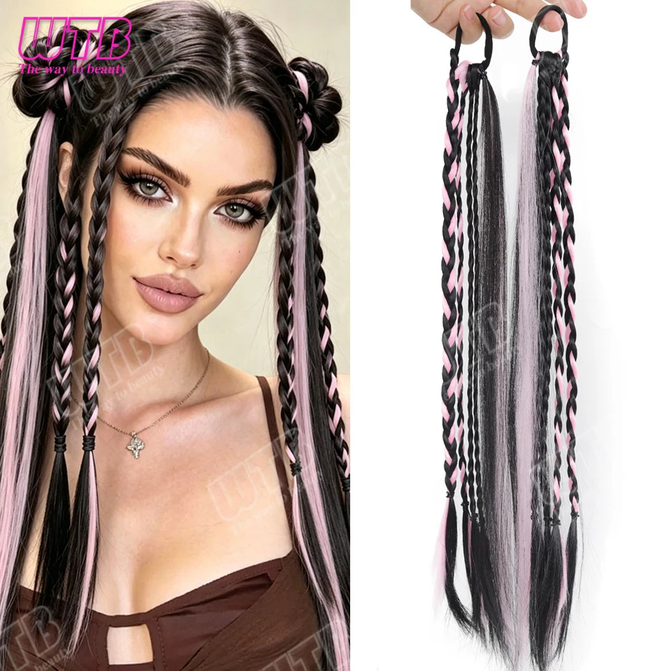 2PCS Elastic Band Braided Wigs Highlighted Synthetic Hairpieces For Women Daily