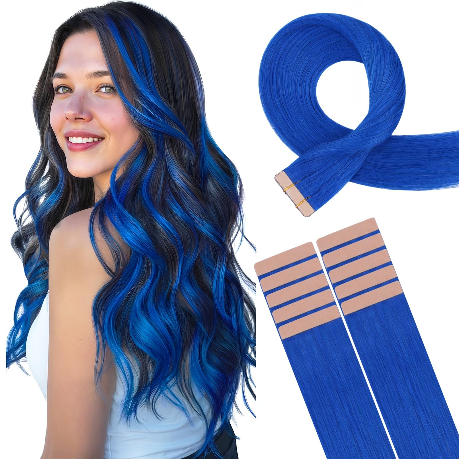HOTBANANA Blue Tape-in Hair Extensions 24″ 10pc Remy Human Hair Straight
