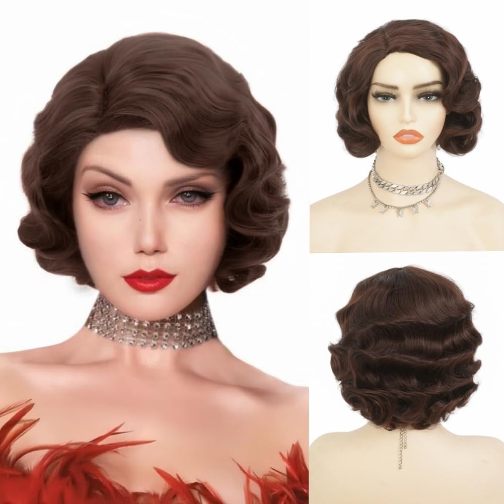 Brown 1920s Wigs for Women Finger Wave Wig Vintage Wigs Lady Synthetic Fiber Wig