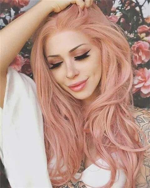 Pink Rose Gold Synthetic Hair Lace Front Wigs Fluffy Natural Wave Heat Resistant