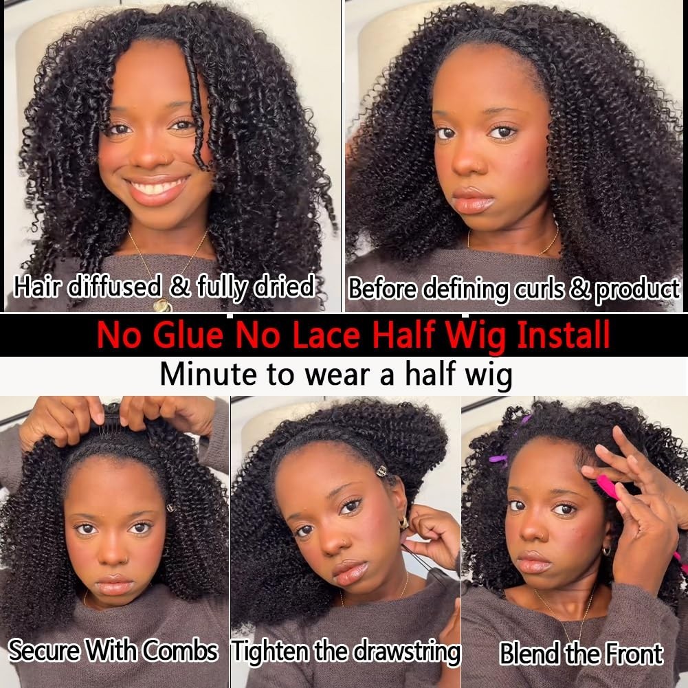 Kinky Curly Half Wig 200 Density Human Hair – 3 in 1 Glueless Drawstring Wig 16