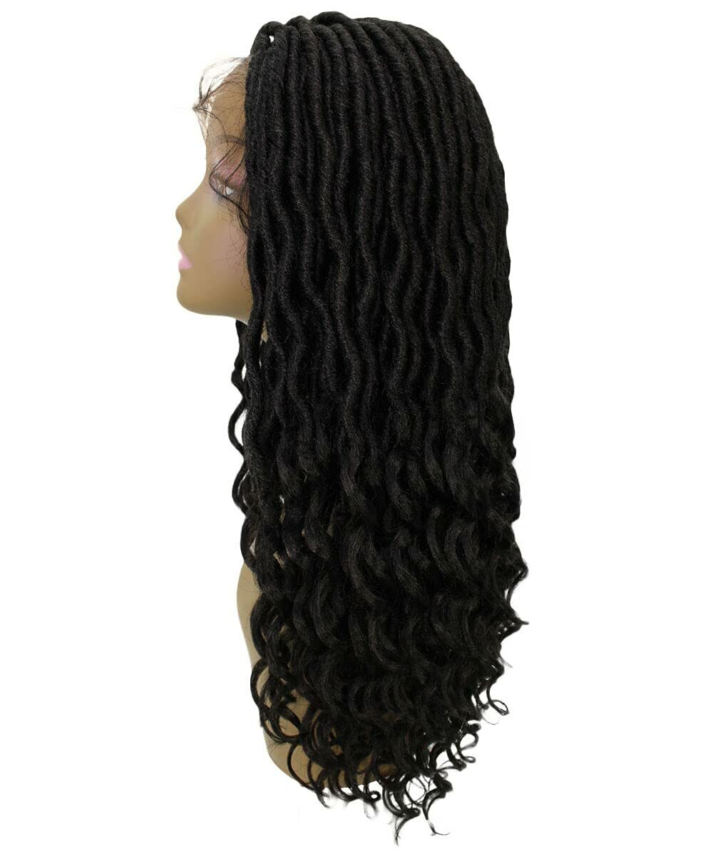 LUXLUXE Andrea 4×4 Curly Long 4X4 Hand Tied Lace Braid Black Wig