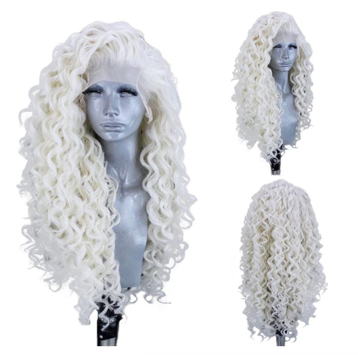 Platinum Blonde Long Deep Curly Synthetic Lace Front Wig Heat Resistant Fiber