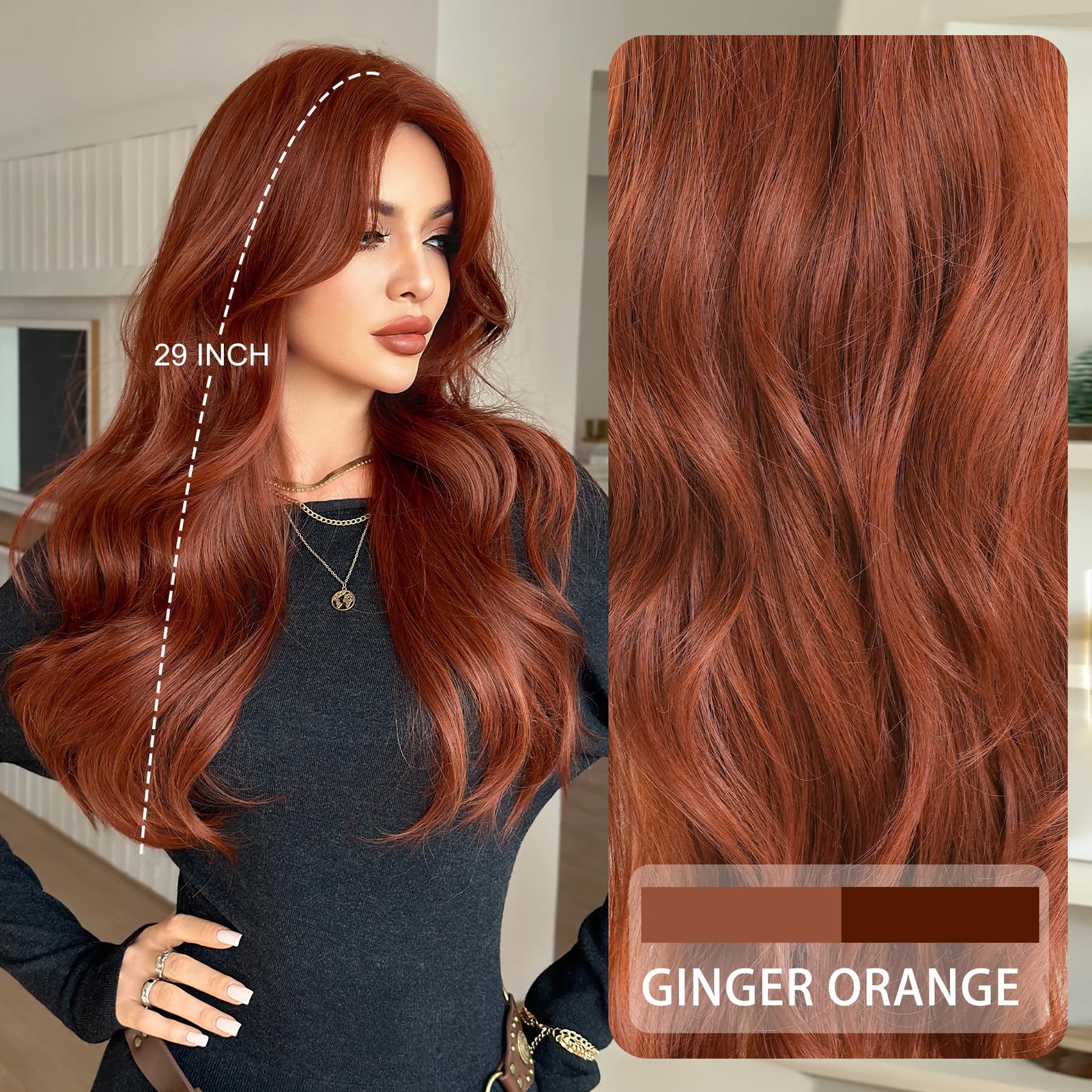 7JHHWIGS 28in Auburn Red Long Wavy Curatain Bangs Wigs Natural Reddish Brown Hea