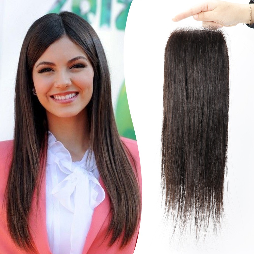 Woman’s Real Human Hair Topper Silk Skin Base #1b Black Lace Closure Remy Hair