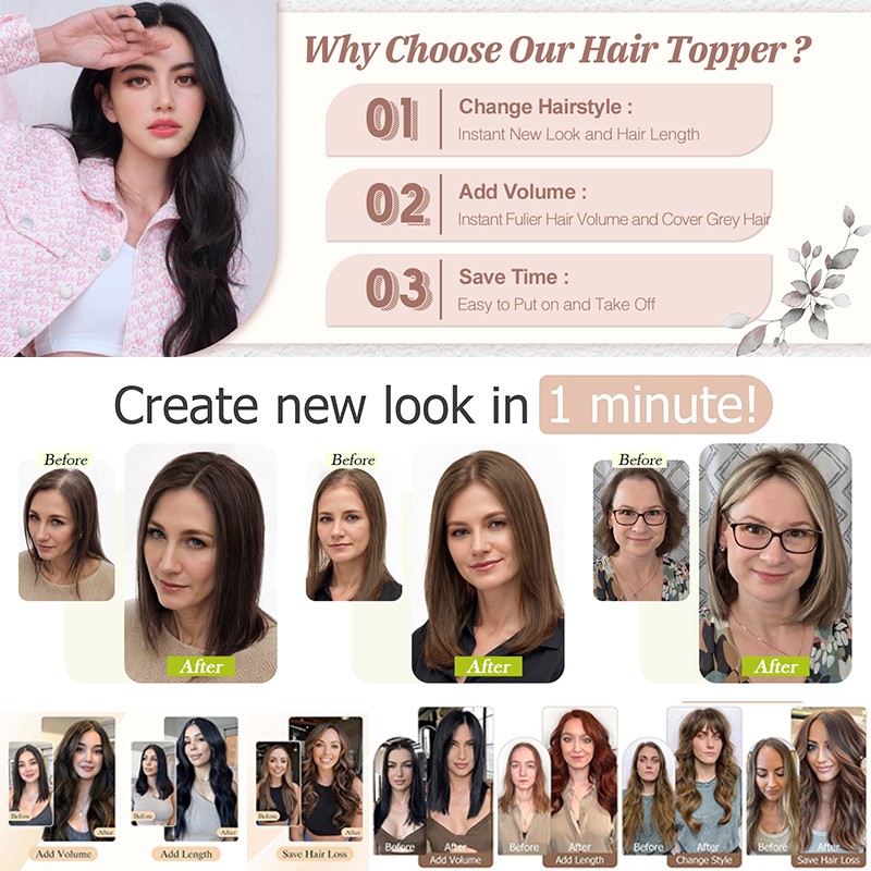 100% Remy Human Hair Women’s Topper Clip In Hairpiece Lace Base Hand tied Toupee