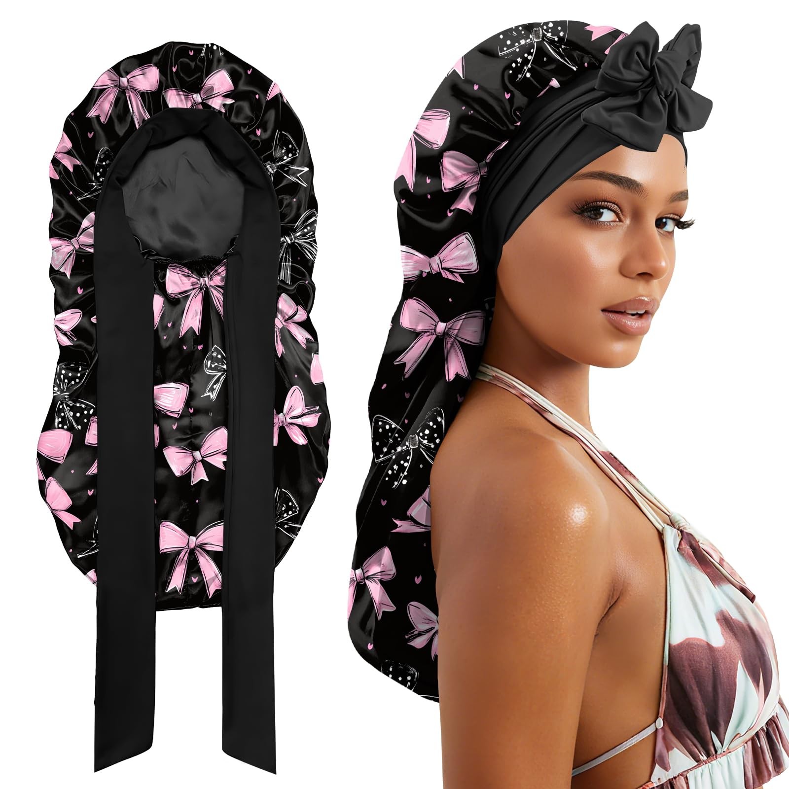 Cabreche Long Satin Hair Braid Bonnet for Sleeping 27 inches, Ao19-black Pink