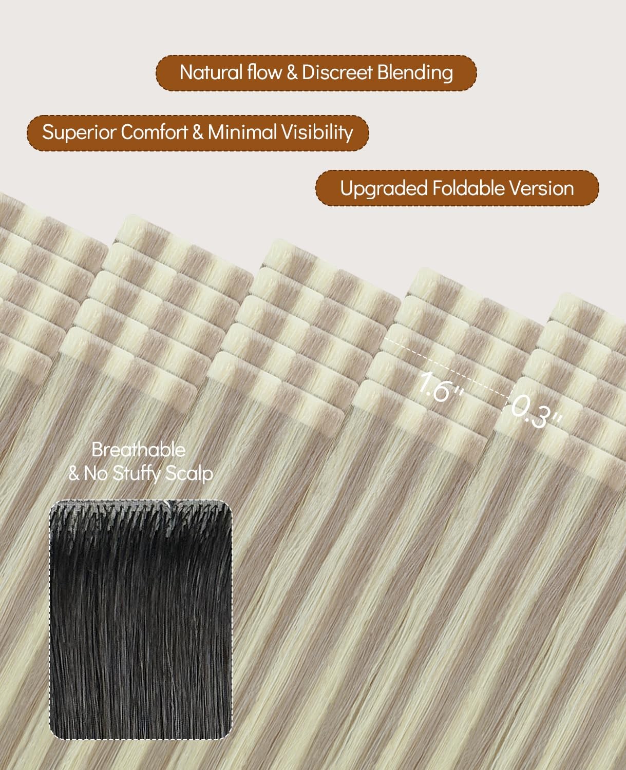 Vinbao 55G Invisi Edge Tape In Human Hair Extensions Dirty Blonde Highlighted