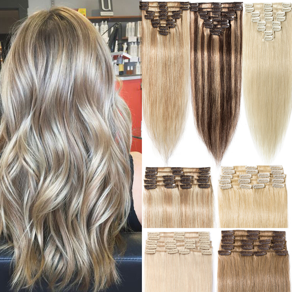 Clearance Soft Clip In 100% Remy Human Hair Extensions Full Head Highlight Blond