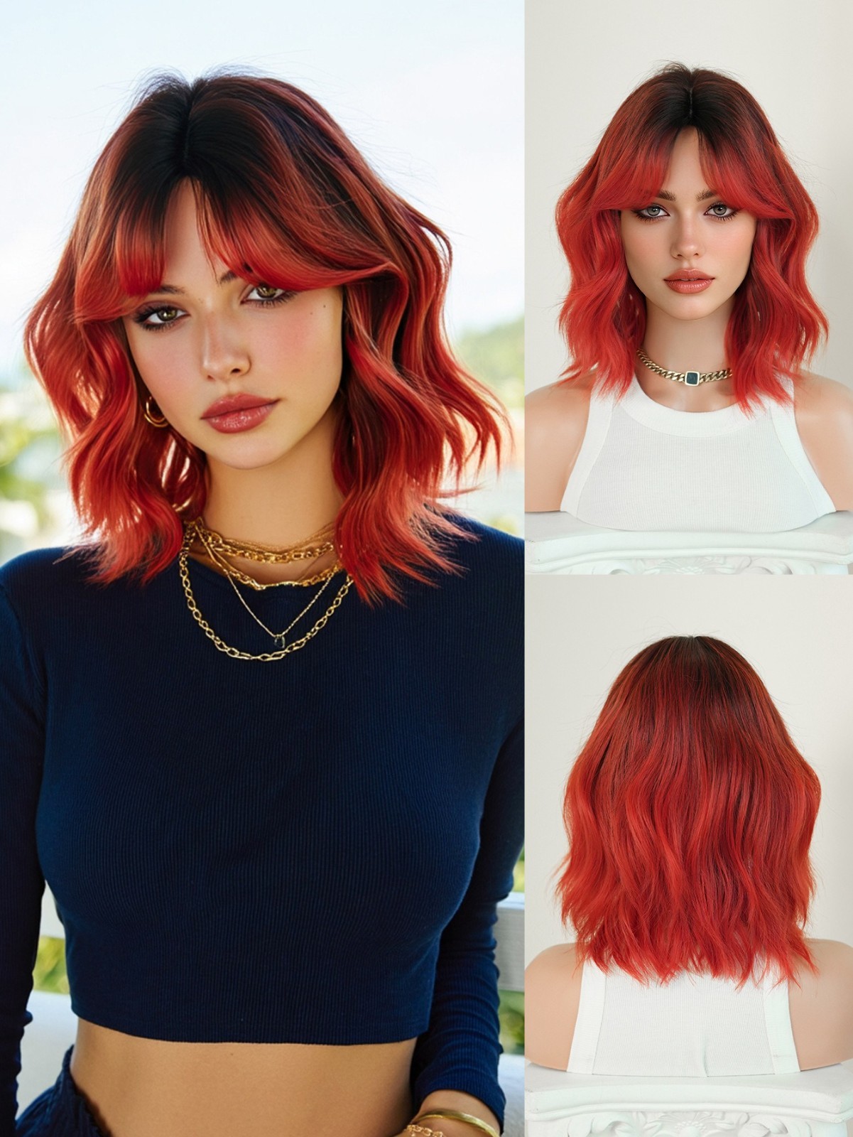 14in Bob wig red color short wavy curly hair synthetic fiber short hair