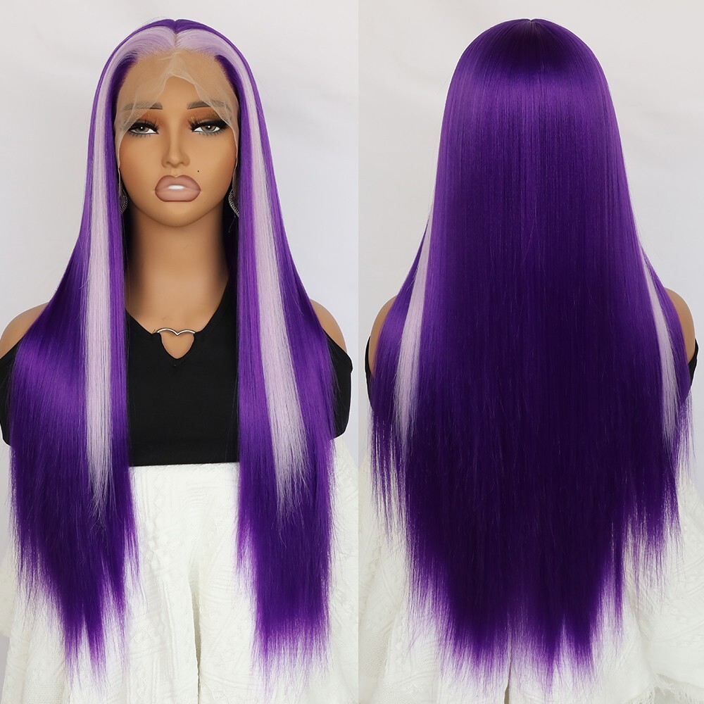 Long Straight Synthetic Lace Front Wigs Purple Hair Heat Resistant Women Party