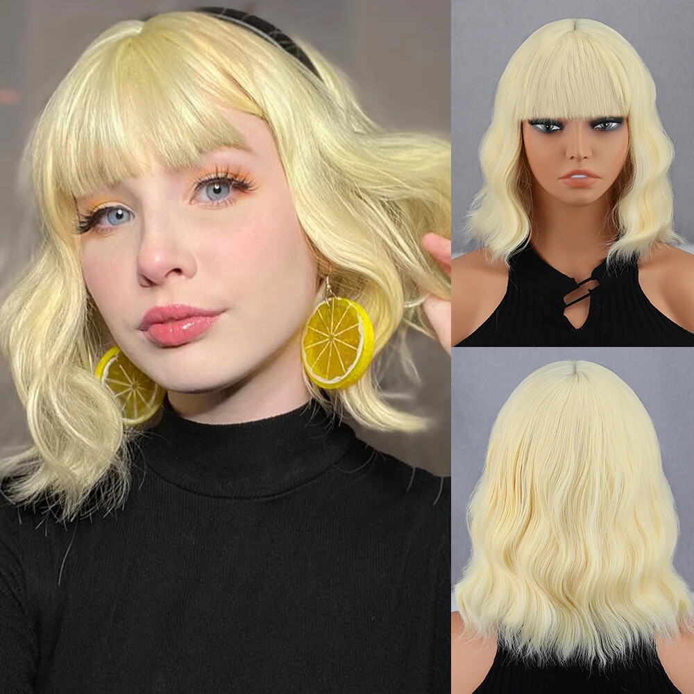 New Short Brown Synthetic Wig Women’s Bangs Dark Blue Pink Black Wig Party Use