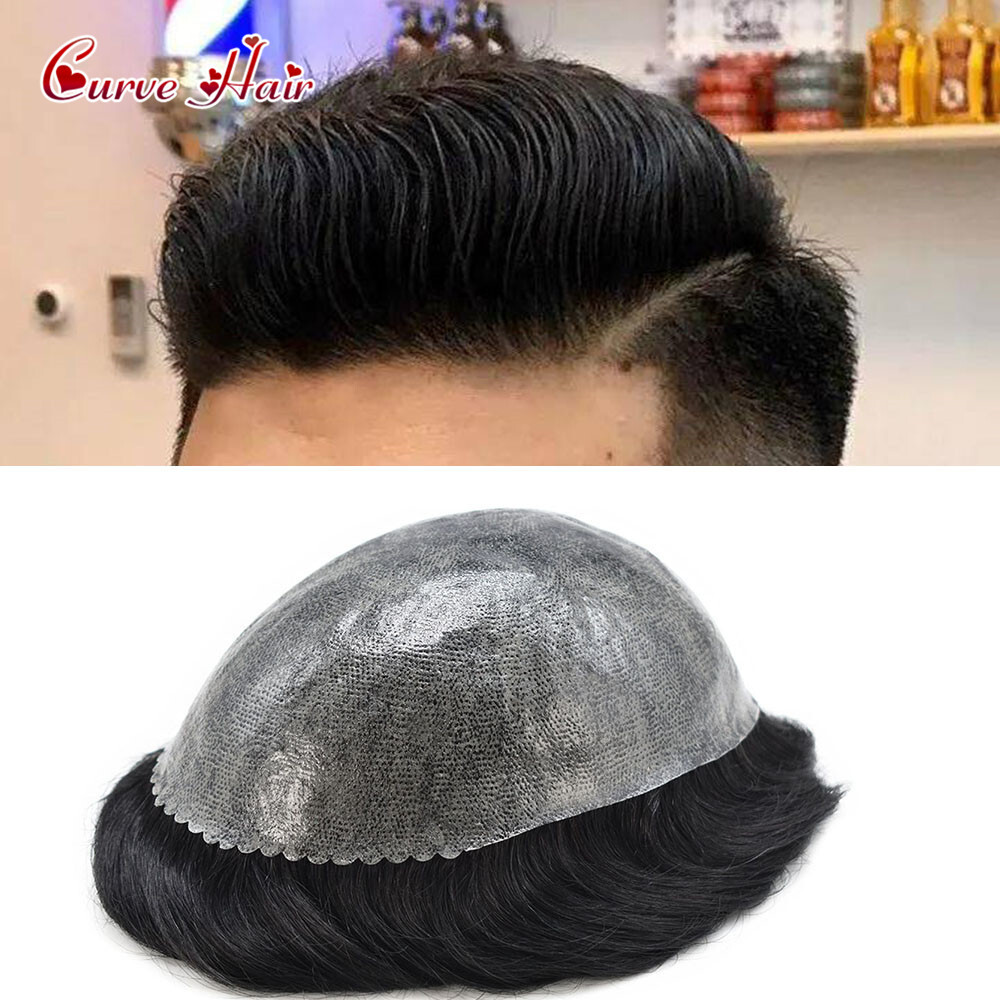 Mens Toupee Human Hair Systems Full Poly Thin Skin Hair Piece Replacement System