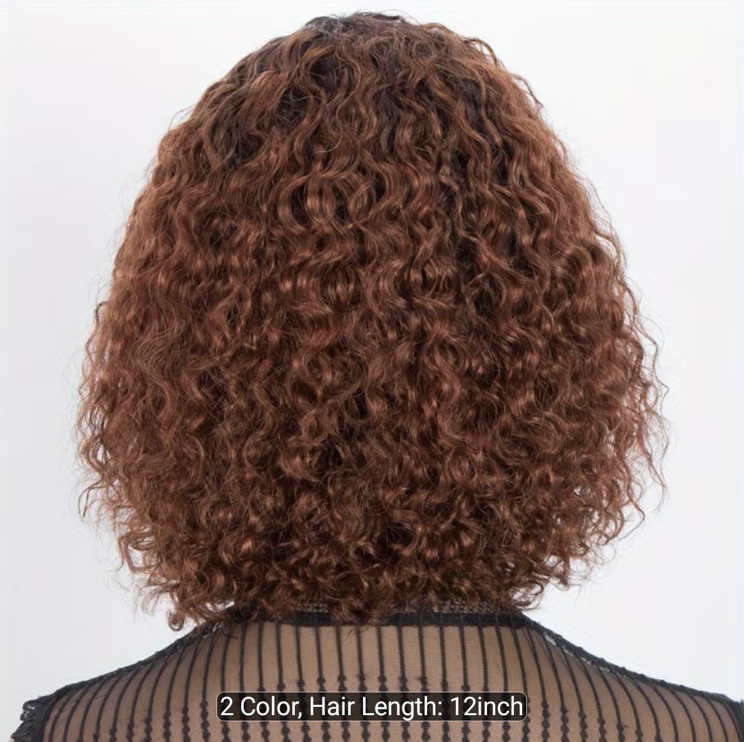 Women’s Ombre Brown 12 Inch Short Curly Bob Wig with Bangs Human Hair for Water