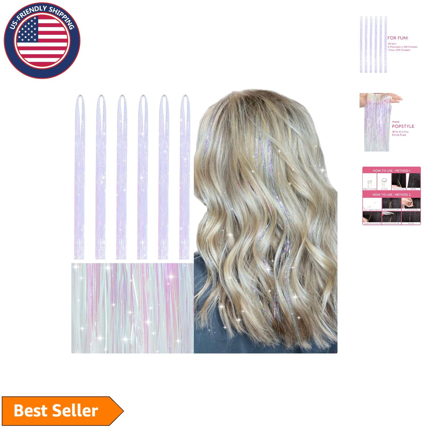 48 Inch Bright White Hair Tinsel Extensions – 6PK Hypoallergenic Glitter Strands