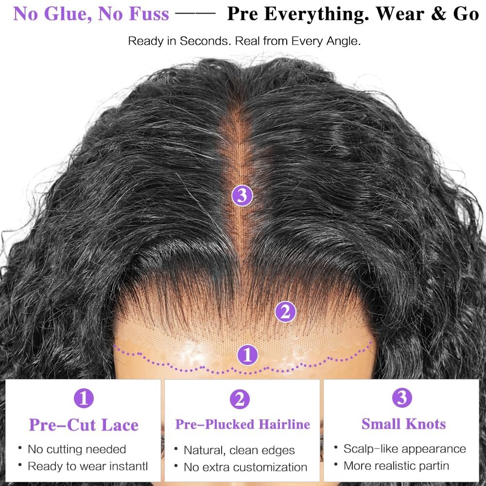 Glueless Human Hair Lace Front Wig 26″ Deep Wave, 210% Density, Pre Plucked, No
