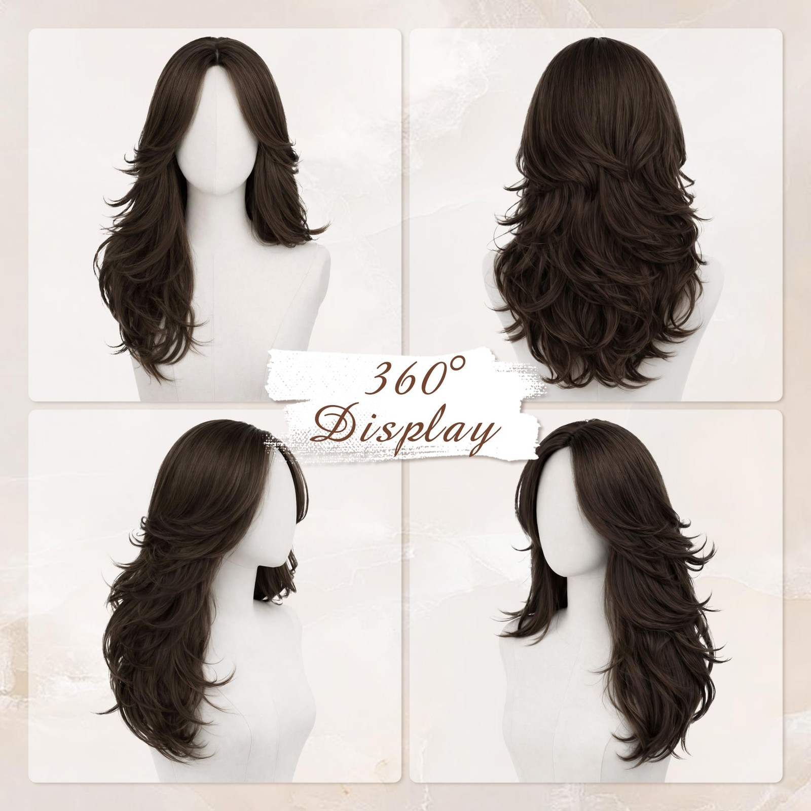 Dark Brown Layered Wig with Bangs, Long Wavy Wig with Curtain Bangs(Can Be Tr…