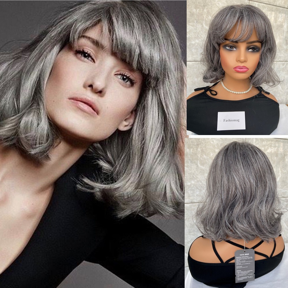 Salt and Pepper Medium Bob Wavy Gray 100% Human Hair Blend Wig Women Natural