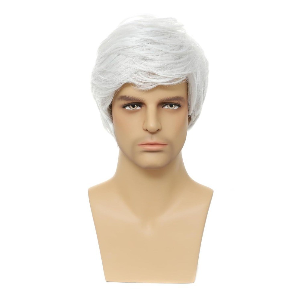 Men White Wig Layered Short Beanie Hairpiece Full Hair Universal Cosplay Wigs AU