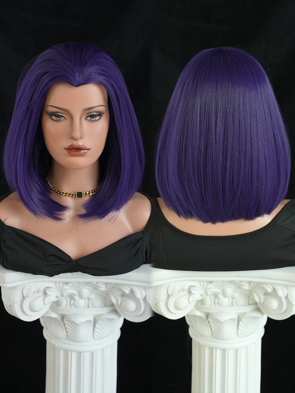 Wig girl with purple short straight hair wearing dark magic girl outfit with wig