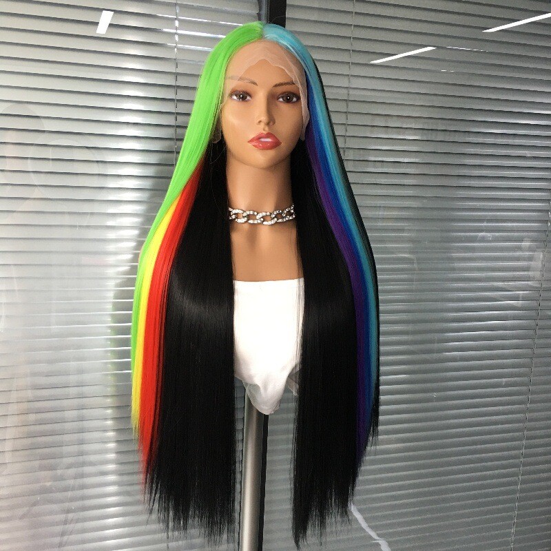 Women Long Straight Half Rainbow Wig Half Black Lace Front Wigs Heat Resistant