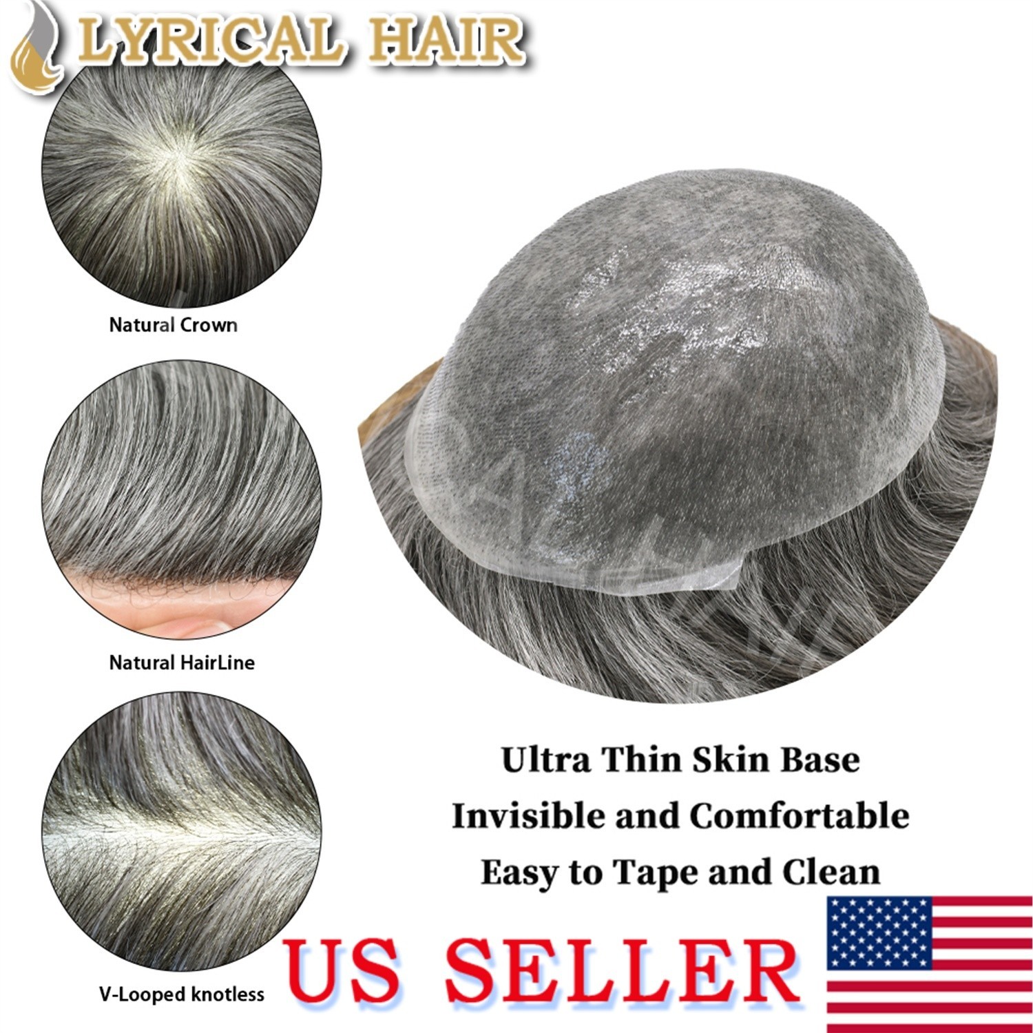 Thin Skin Mens Toupee Human Hair Replacement System V-looped 0.06mm PU Hairpiece