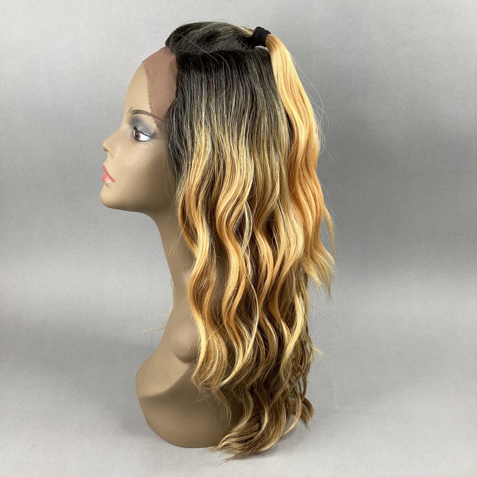AM Deep Lace Front U-Part Ombre Honey Blonde Wig Top Pony Ponytail Synthetic