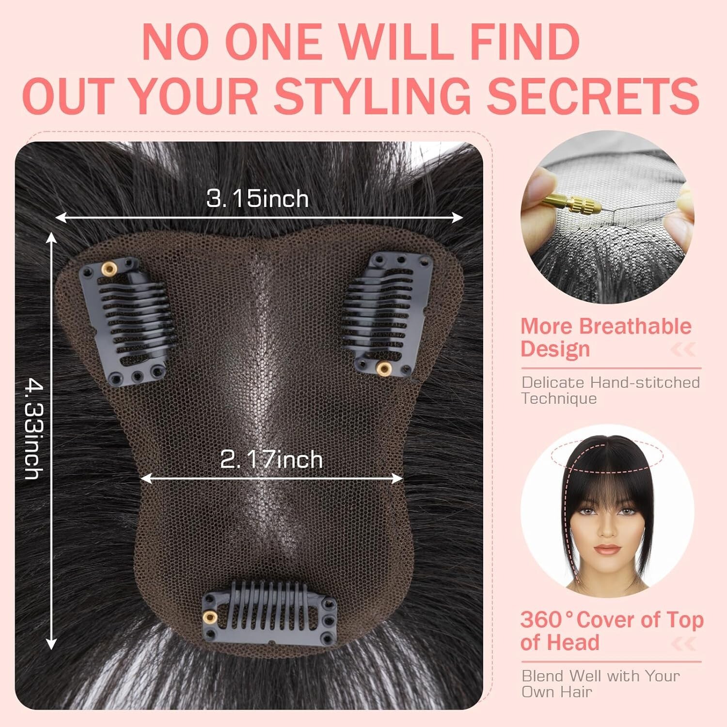 100% Human Hair Topper w/ Bangs 3D Clip on 10 In #1 Dark Black Greyish on Top