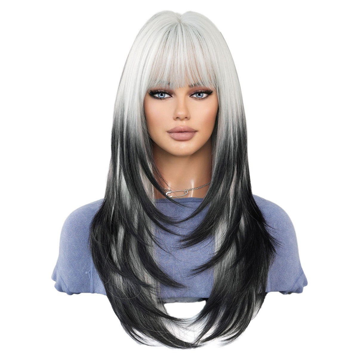 Silver-white gradually darkening black long straight hair high-level wig